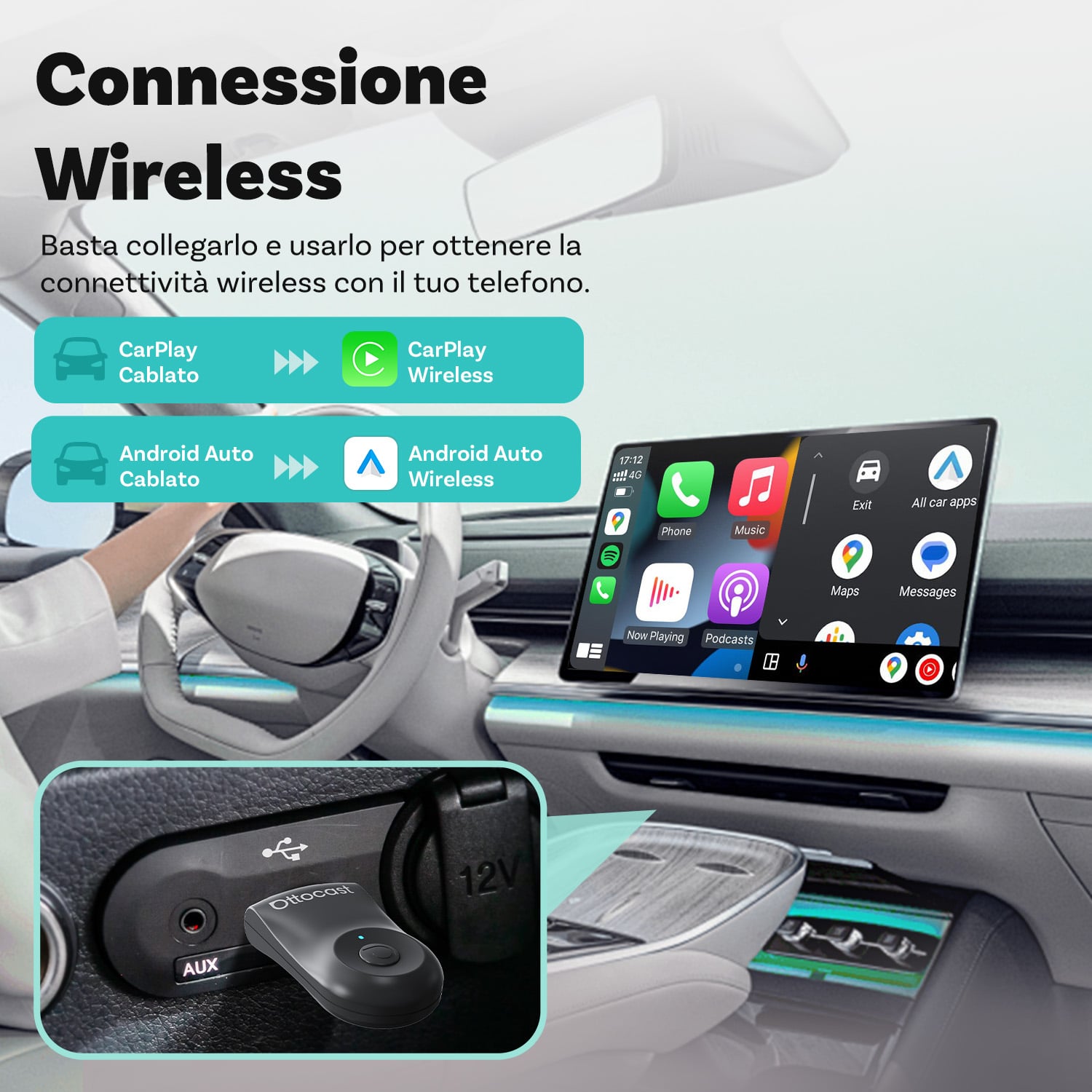 Ottocast®2025 Mini Adattatore Wireless CarPlay/Android Auto